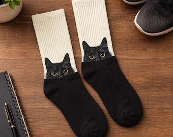 Black Cat Socks, Retro Cat Crew Socks, Funny Cat Lover Gift, Peeking Cat Socks, Cute Novelty Socks for Men and Women