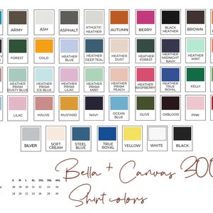 Puede incluir: Una tabla de colores de camisetas Bella + Canvas 3001 con una gu&iacute;a de tallas. La tabla muestra 48 colores diferentes, incluyendo aguamarina, ej&eacute;rcito, ceniza, asfalto, heather atl&eacute;tico, oto&ntilde;o, baya, heather negro, marr&oacute;n, naranja quemado, heather gris oscuro, bosque, oro, heather azul, heather azul oscuro, heather polvo, heather bosque, heather azul medianoche, heather menta, heather naranja, heather orqu&iacute;dea, heather prisma azul polvoriento, heather prisma azul hielo, heather prisma lila, heather prisma menta, heather prisma melocot&oacute;n, heather frambuesa, heather royal verdadero, kelly, hoja, azul claro, lila, malva, mostaza, azul marino, azul oc&eacute;ano, oliva, sangre de buey, rosa, rojo, plata, crema suave, azul acero, royal verdadero, amarillo, blanco y negro.