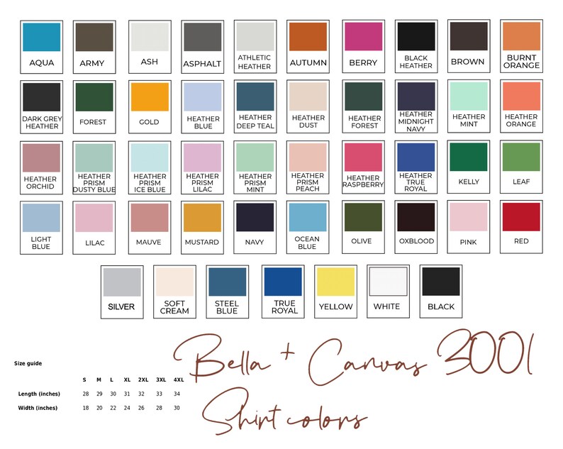 Puede incluir: Una tabla de colores de camisetas Bella + Canvas 3001 con una gu&iacute;a de tallas. La tabla muestra 48 colores diferentes, incluyendo aguamarina, ej&eacute;rcito, ceniza, asfalto, heather atl&eacute;tico, oto&ntilde;o, baya, heather negro, marr&oacute;n, naranja quemado, heather gris oscuro, bosque, oro, heather azul, heather azul oscuro, heather polvo, heather bosque, heather azul medianoche, heather menta, heather naranja, heather orqu&iacute;dea, heather prisma azul polvoriento, heather prisma azul hielo, heather prisma lila, heather prisma menta, heather prisma melocot&oacute;n, heather frambuesa, heather royal verdadero, kelly, hoja, azul claro, lila, malva, mostaza, azul marino, azul oc&eacute;ano, oliva, sangre de buey, rosa, rojo, plata, crema suave, azul acero, royal verdadero, amarillo, blanco y negro.