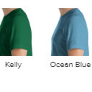 May include: A side view of a t-shirt in nine different colors: black, heather midnight navy, asphalt, kelly green, ocean blue, heather true royal, red, and heather raspberry.