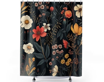 Shower Curtain Dark Floral Cottagecore Shower Curtain Farmhouse Shower Curtain Botanical Bath Decor Boho Shower Curtain Wildflowers Decor