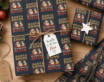 Lustiges Weihnachtspapier, Geschenkpapier mit frechem Weihnachtsmann-Motiv, Weihnachtspapier für Erwachsene, Weihnachtspapier mit dem Aufdruck „Der Weihnachtsmann weiß, dass du ein kleines Biest warst“