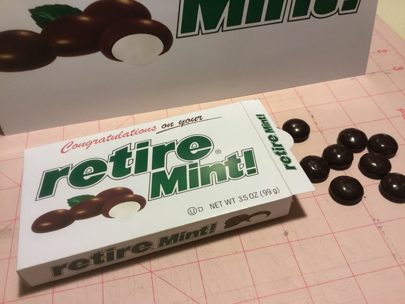 Retirement Retire Mint printable cover for Junior Mints box, sign image 1