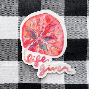 May include: A watercolor illustration of a human heart with the words "life giver" written in pink below it. The heart is a vibrant red with blue and white veins.