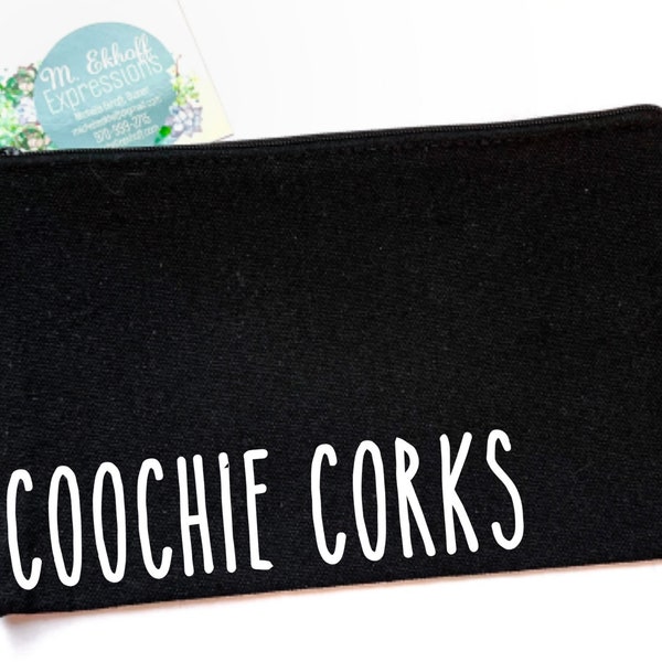 Coochie corks funny vulgar adult humor bag pouch clutch zipper tampons makeup feminine hygiene products