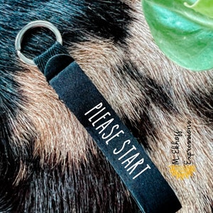 May include: Black key chain with a silver ring and the text "PLEASE START" printed in white.