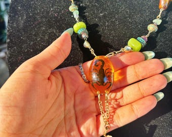 Mother Earth' freshwater pearl + and crystal beaded necklace with scorpion pendant