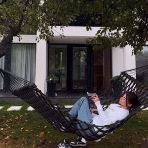 Handwoven Double Hammock: Weather-Resistant Polypropylene Rope, Ash Wood