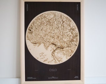 Wood Map, Oslo city map, Laser cut, Framed Wooden Map