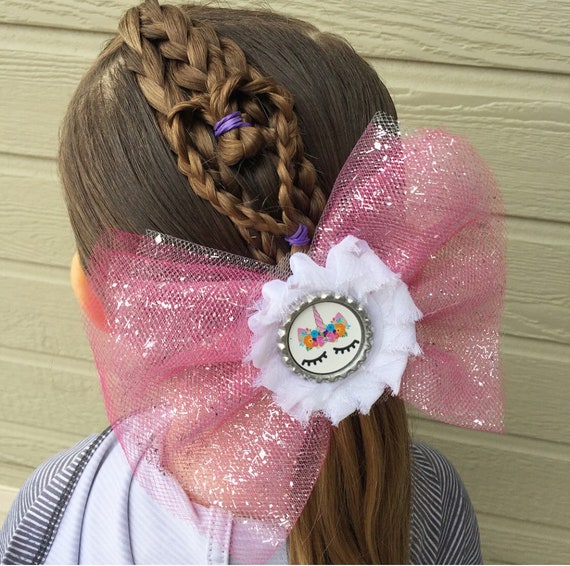 Rainbow Glitter Tulle Fabric Unicorn Hair Bow Clip 4/"