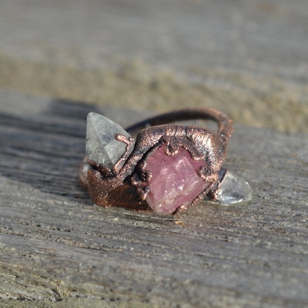 Pink Tourmaline,Topaz Crystal Electroformed Copper Ring,Raw Organic,Crystal Ring,Electroformed Jewelry,Boho,Copper Ring,Utah Topaz,Size 9