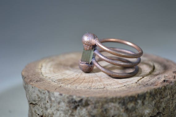 Copper Electroformed Green Tourmaline Crystal Ring size 6