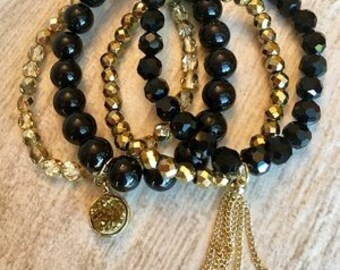 Black Lux, Bracelet Stack, black and gold, Arm Stack, beaded bracelets, handmade bracelets