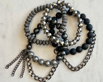 Gunmetal Perlen Armband Stack, Schwarz Grau Neutral Stretch Schmuck