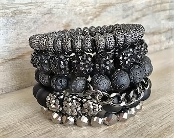 Black Ice Beaded Arm Stack Bracelet Set – Layered Boho Stretch Jewelry