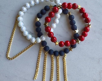 Red White Blue Beaded Bracelet Stack, Patriotic Stars, Gold Accents, Stretch Jewelry