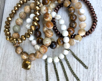 Caramel Macchiato, bracelet stack, cream and brown bracelets, handmade, beaded bracelets