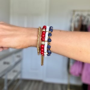 Red White Blue Beaded Bracelet Stack, Patriotic Stars, Gold Accents, Stretch Jewelry
