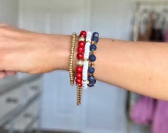 Red White Blue Beaded Bracelet Stack, Patriotic Stars, Gold Accents, Stretch Jewelry