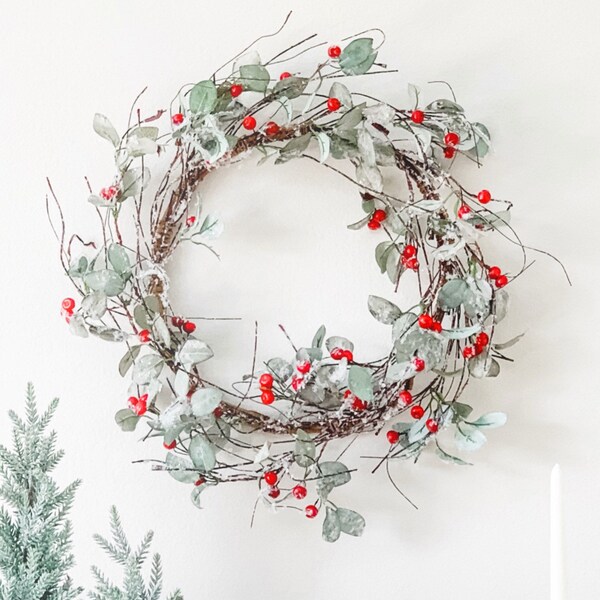 Peace on Earth Farmhouse Wreath | Snowy Red Berry Wreath with a Dusting of Glistening Frost | 20 inch Diameter | Gray Green and Red