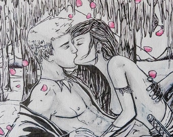 Couple in Love 5X7 Original  • Fantasy Art,  Romantic Couple Drawing on Canvas, 5” x 7” Original Canvas Art, Couples Kissing Drawing