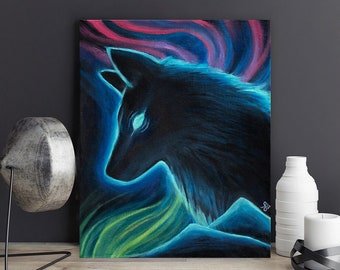 Black Wolf Canvas Print • Spirit Totem Animal • Spiritual Wall Art • Abstract Wolf Poster Decor • Wildlife Painting • Celestial Artwork