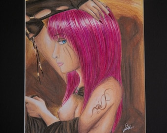 Disegno di ragazza anime: capelli rosa, ritratto di donna potente (8,5x11)