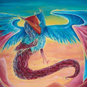 Dragon Painting Original Fantasy Artwork, Dragon Wall Art, Large Fantasy Painting, Red Blue Dragon Canvas Art