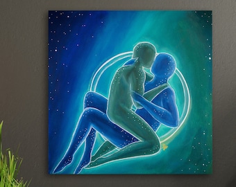 Gay Art: Two Men Embracing, Spiritual LGBTQ+ Acrylic Painting (11x11)