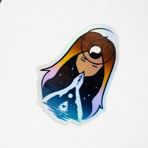 Femme spirituelle en prière • Autocollant Yogi de méditation holographique imperméable • Art numérique • Autocollant Yin Yang • Dessin zen par Lisa Stock