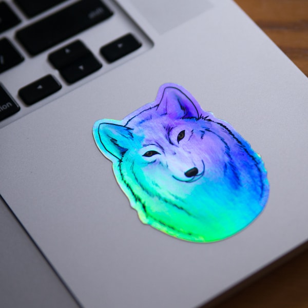 Spirit Animal • Waterproof Holographic Wolf Sticker • Digital Watercolour Aquarelle Art •  By Lisa Stock