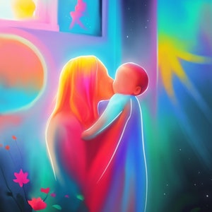 Mutter und Baby Spirit Aura Druck • Spirituelle Wand-Kunst • Muttertags Poster Dekor • Magisches himmlisches Chakra Kunstwerk • Mama und Baby Gemälde