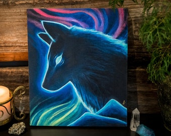 Black Wolf 10x12 Canvas Print • Spirit Totem Animal • Spiritual Wall Art Abstract Wolf Poster Decor • Magical Wildlife Painting • Celestial