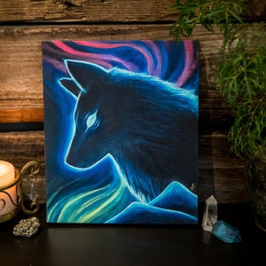 Black Wolf 10x12 Canvas Print • Spirit Totem Animal • Spiritual Wall Art Abstract Wolf Poster Decor • Magical Wildlife Painting • Celestial