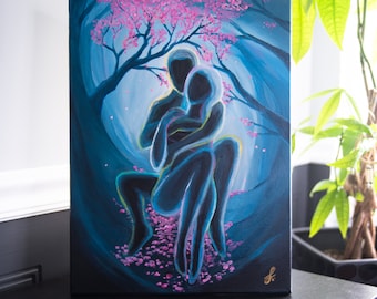 May include: A painting of two figures embracing in a blue and purple forest setting. The figures are silhouetted against a background of pink blossoms.