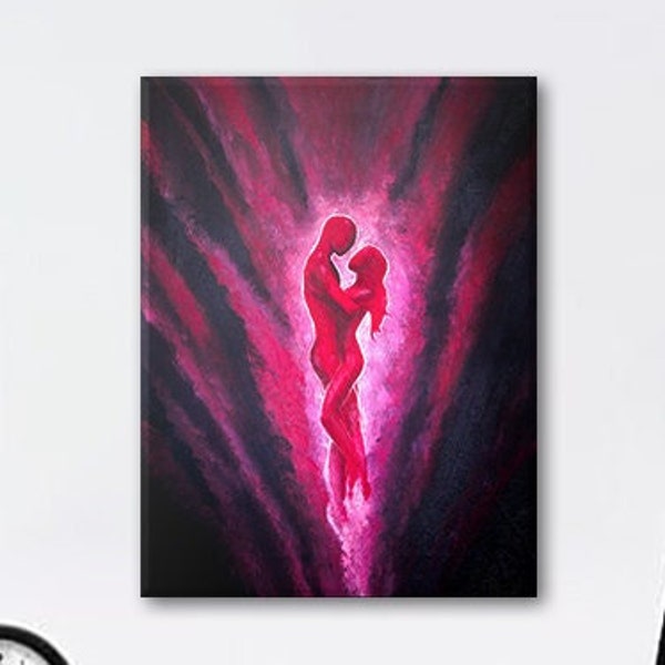 Impression sur toile de couple de silhouette • Amoureux spirituels • Nu abstrait sensuel • Figures unies • Art de l'âme sœur • Art mural de flammes jumelles