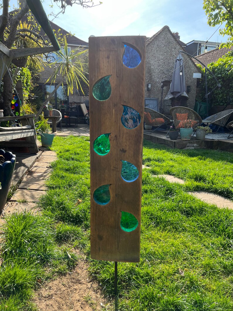 Abstract Garden Sculpture Stained Glass Reclaimed Wood Etsy UK