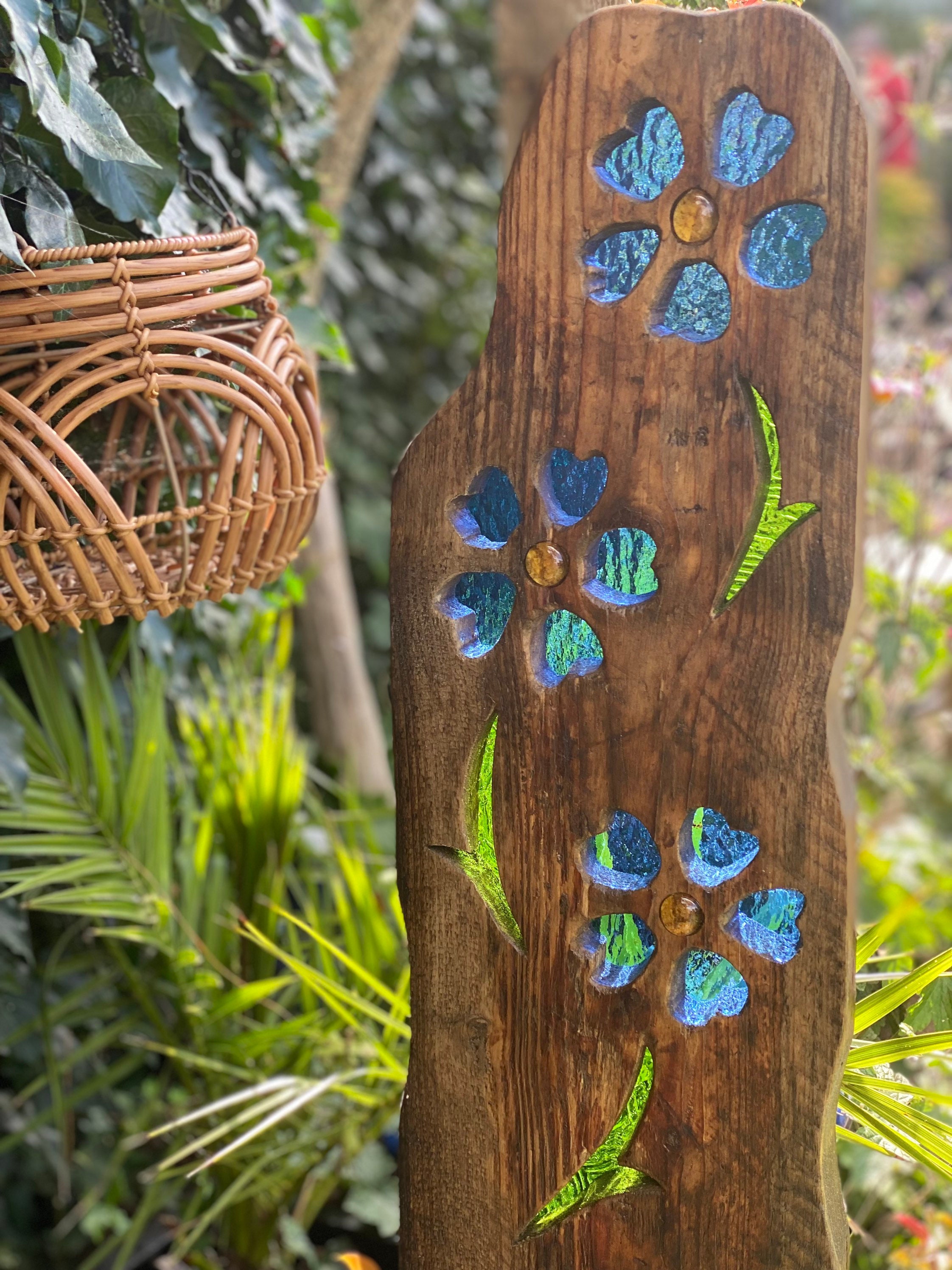 Forget Me Not Garden Sculpture, Reclaimed Wood, Leaded Glass
