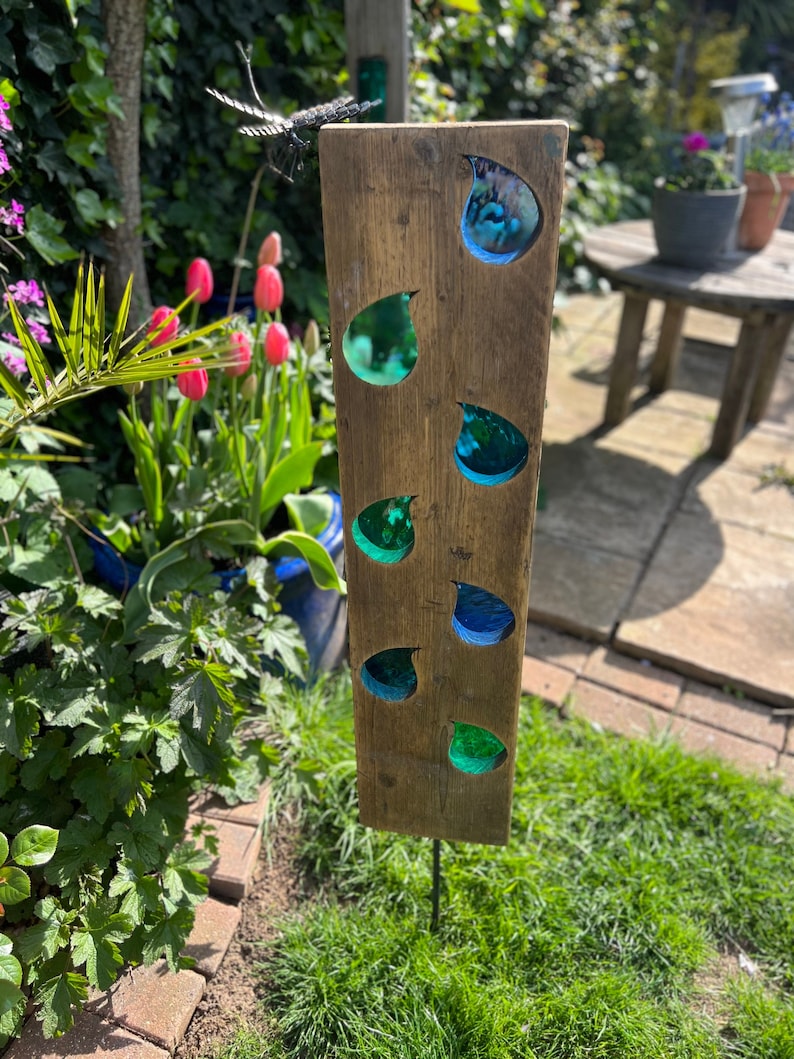 Abstract Garden Sculpture Stained Glass Reclaimed Wood Etsy UK