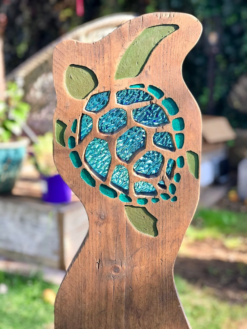 Turtle garden sculpture stained glass reclaimed wood art Etsy