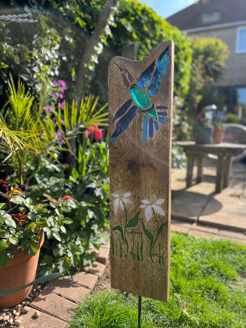 Hummingbird Garden Sculpture Stained Glass Reclaimed Wood Etsy