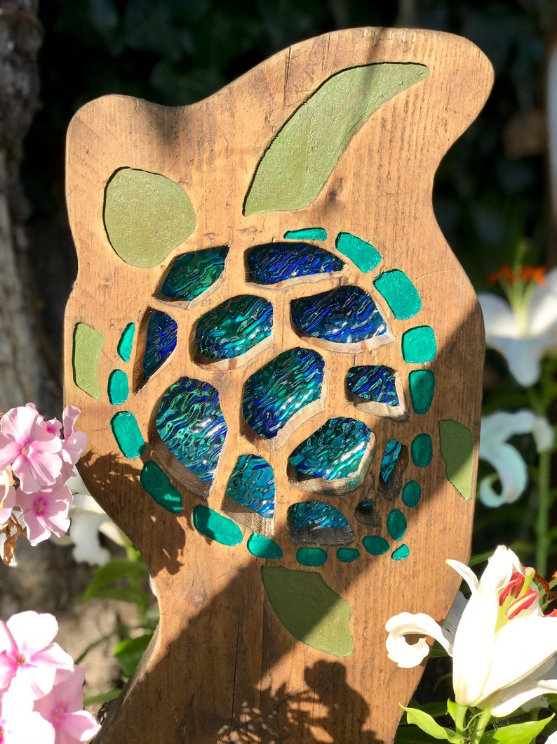 Turtle garden sculpture stained glass reclaimed wood art Etsy