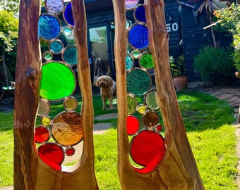 Stained Glass Garden Sculpture, Reclaimed Oak Wood Art, Handmade