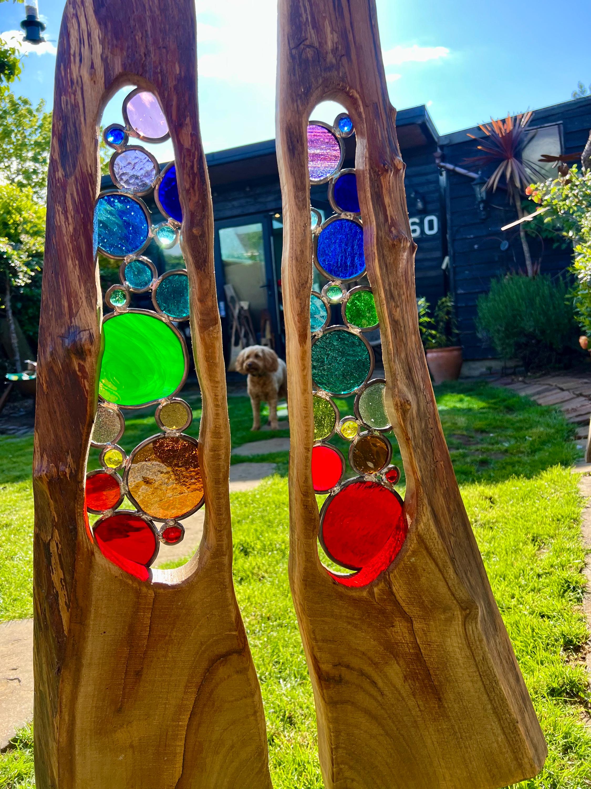 Stained Glass Garden Sculpture, Reclaimed Oak Wood Art, Handmade