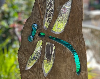 Dragonfly garden sculpture, stained glass, reclaimed wood, art, garden sculpture, retirement gift, birthday present, anniversary, memorial