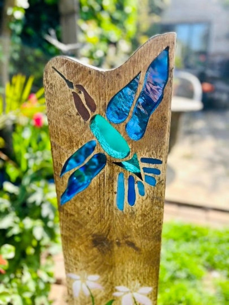 Hummingbird Garden Sculpture Stained Glass Reclaimed Wood Etsy