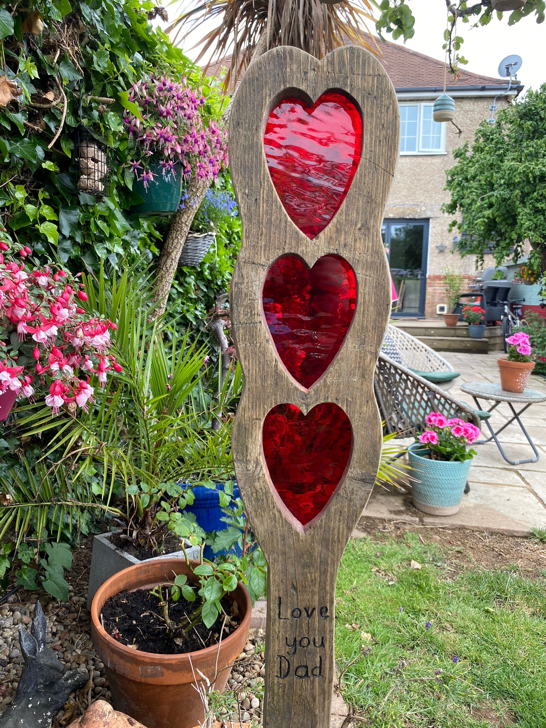 Hearts Garden Sculpture Stained Glass Reclaimed Wood Garden Etsy