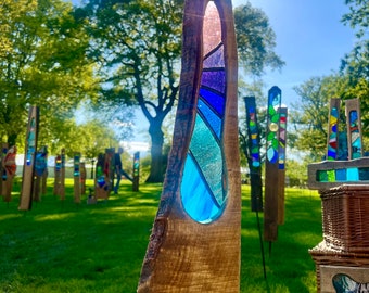 Blue Pink Abstract Garden Sculpture – “Pastel Rivers” – Reclaimed Wood & Stained Glass Garden Art