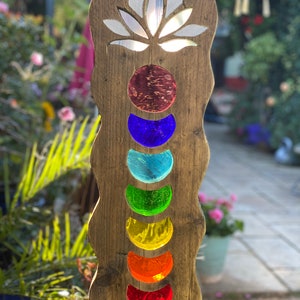 Chakra and lotus leaf sculpture, stained glass, reclaimed wood,  garden sculpture, retirement gift, birthday, memorial, personalised