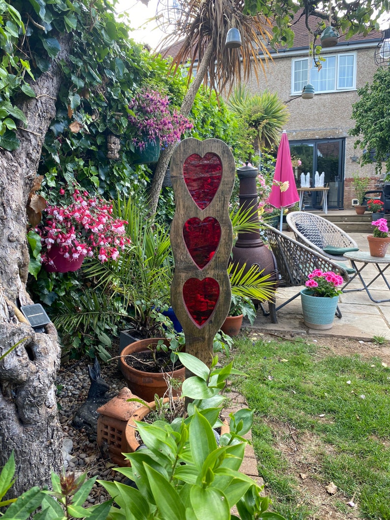 Hearts garden sculpture stained glass reclaimed wood garden Etsy